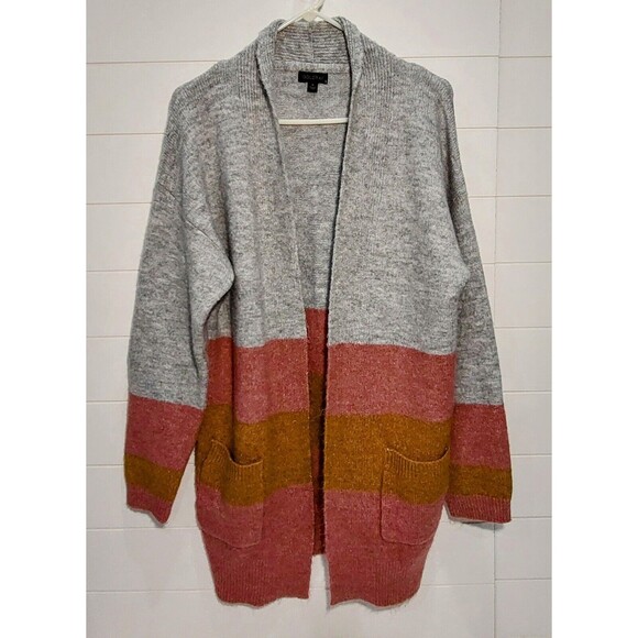 GOLDRAY Women's Medium Colorblock Open Cardigan Gray Pink Orange Soft Long - Picture 1 of 8